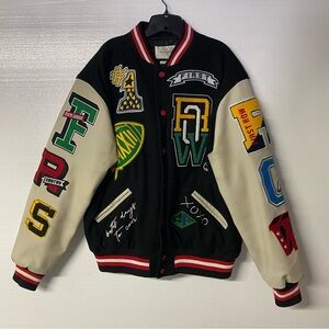 First Row Varsity Jacket Men XXL Blue Wool Patchwork Leather Sleeve Embroidered